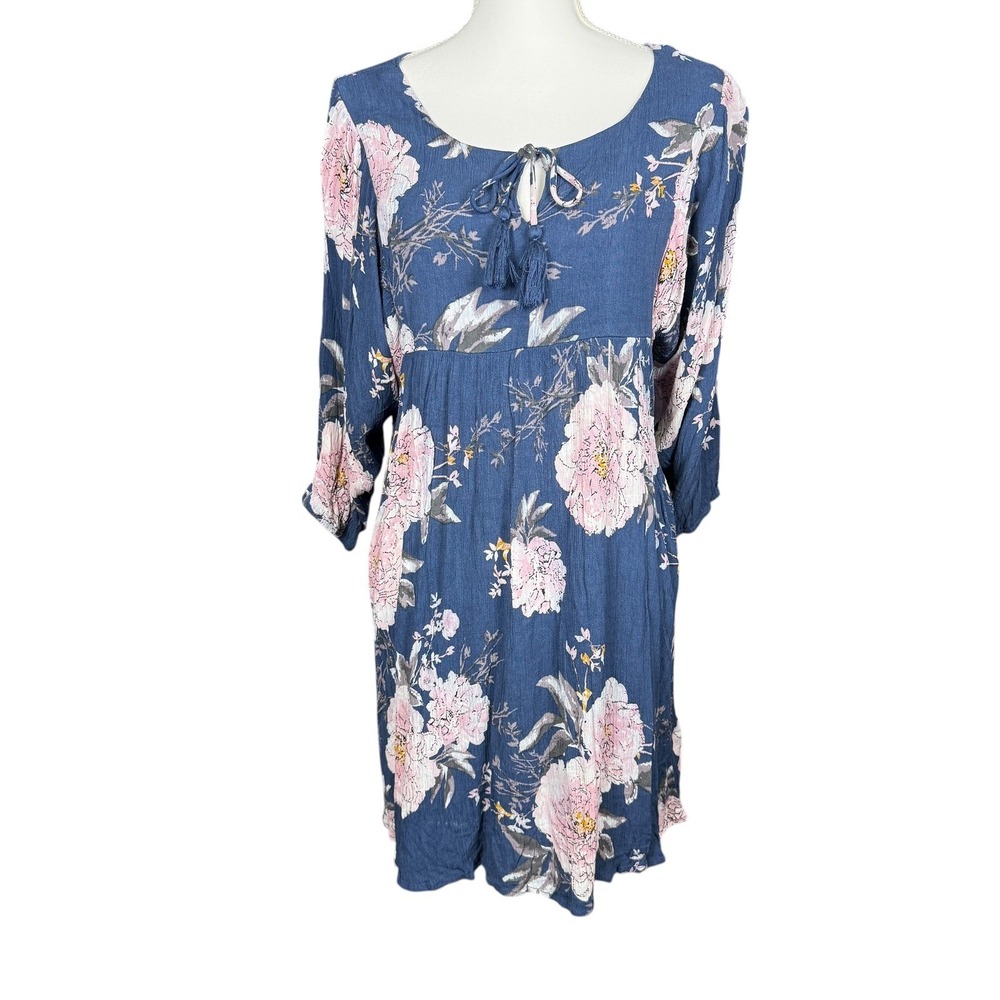 Umgee‎ USA Blue Floral Tassel Tie Neck 3/4 Sleeve Rayon Dress XL